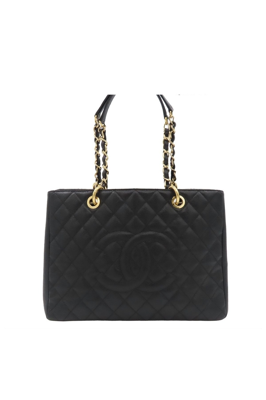 Chanel Grand Shopping Tote Bag GST Chain Quilted CC Logo Black Gold Caviar